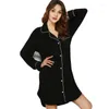 Women's Sleepwear Pajamas Dress Women Classic Black Long Sleeved Lapel Cardigan Soft Comfortable For Home Wear Nightwear