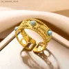 Cluster Rings Stainless Steel Ring Faux Turquoise Green Color Couple Rings For Women 18k Golden Color Wide Ring Bohemian Ethnic Jewelry Gifts240408