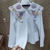 Kvinnors blusar lyxiga pärlstav blommor söm chiffon skjortor kvinnor 2024 vårknapp upp långärmad mode toppar kamisor de mujer