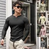 Letnie przyjazdy v szyja Mężczyźni z długim rękawem T Shirt Slim Fit Fashion T-shirt Men Chudy Casual Gym Odzież Fitness Tshirt 240321