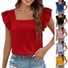 Dames t shirts dames mode t-shirts dagelijkse casual vaste kleur vierkante nek ruches manchet dop mouwen crop tops zomer woon-werkverkeer all-match