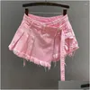 Kjolar irregar rosa denim kjol kvinnor sommaren hög midja bantning falsk tvådelar a-linje arbetskläder kort mini 2023 droppleverans uppenbar
