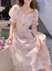 Платья для вечеринок с коротким рукавом элегантное миди -платье Fairy Floral One Piece Korean Fashion 2024 Summer Chic Chefon Vintage Boho