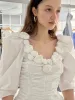 2023 Spring/Summer New Women's Shirt Vintage Fashion White Shirt Bubble Sleeves Elegant U-Neck 3D Flower Decoration Women Shirt
