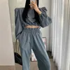 Pantalon de deux pièces à tirage au sort solide Solie Shirt Shirt Set Elastic Wide Jame Pant féminin Pant 2024 Spring Fashion Long Manchet O