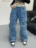 Jeans femininos Roupas dos anos 2000 y2k strtwear lavado calça de jeans de carga folgada azul para mulheres bolsões de hip hop reto Lady Lady Troushers Y240408