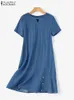 ZANZEA FASION SUMMER ELEGANT RUFFLES HEM WORK SUNDRESS CARICOR DENIM BLUE DROSE WOMEN SOLID KNEELENGED VESTIDO ROBE FEMME 240408