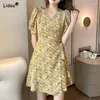 Casual Dresses Mini Printed Trendy Chic Colorful Slim Montering V-Neck snörning Elegant Summer Thin Short Sleeve Women's Clothing