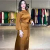 Casual Dresses 2024 Autumn Women's Clothing Round Neck Lantern Sleeve Satin Artificial Silk Dress Long Long