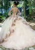 Tatlı 16 Pembe Prenses Quinceanera Elbiseler Uzun Kollu Tül Resmi Pageant Balo Balkış Kızlar için Anos Robe Ivoire