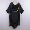 Cover Up With Fringe Trim Women Sexy Hollow Tunic Beach Dress Summer Bathing Suit Beachwear