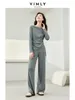 Women's Two Piece Pants Vimly Grey Casual Outfits Tracksuit Home Suit 2024 Spring Sports Sets Long Sleeve Top Wide Leg Pant Set M5887