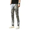 Frühlings- und Herbst Camouflage Patchwork Farbe Blockierer kleiner Beinjeans mit Herrenfellkante kontrastierende Farbe Trendy Casual Minimalist Patch Bettar Hosen