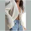 Women Cardigan Long Flare Sleeve V Neck Tie Up Lacing Solid Summer Ladies Tops for Casual Party Pleated Plain Shirts 240402