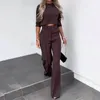 Women's Two Piece Pants Women Top Set Straight Wide Leg High Waist Half-high Collar Three-quarter Sleeve Crop Lady Commute Trousers