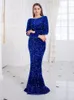 Women Modest Stretch Sequin Royal Blue Evening Prom Gown Party Long Sleeve Mermaid Formal Dinner Winter Dress Elegant 2024 240328