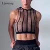 Trendy Hollow Out transparante sexy tanktops Mens Night Club Party Stretch Mesh Vest Tops Y2K Men Mouwloze Crop Tops 240407