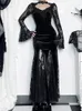 Altgoth Esthetic Gothic Midi Dress Women Vintage Elagnt Lace Patchwork See Through Flare Rleeve High Taister Sukienka Femme 240319