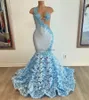 Fantastisk blå mermiad prom klänning med 3D blommor ren mesh applikationer spetsar svart flickakvällsklänning 2024 rygglös formell parti vestido de festa casamento