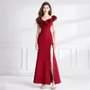 Casual Dresses Elegant Women Sexy Slash Neck Red Split Evening Long Dress 2024 Spring Ruffles Sleeveless Hollow Out Waist Bodycon Party Robe