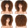 Short Afro Kinky Curly Wig With Bangs For Black Women Cosplay Lolita Natural Hair Ombre Mixed Brown Synthetic African Wigs 240402