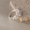 Anillos de racimo 925 Anillo geométrico de perla de plata esterlina para mujeres niña simple hoja de diseño