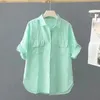 Women's Blouses Cotton Solid Casual Polo-Neck Single Breasted Short Sleeve Blouse Shirt Korean Fashion Female Top 2024 E47