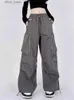 Jeans femminile zoki harajuku grandi tasche pantaloni da carico donna retrò sciolto strtwear y2k pantaloni casual in alto in vita a gamba grigia grigia primaverili y240408