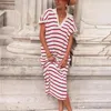 Parti Elbiseleri Çizgili Maxi Elbise Kadınlar Moda Gevşek Gevşek V yakalı Kısa Kollu Yaz Boho Style Bey Leydi Uzun