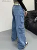 Dames jeans 2000s kleding y2k strtwear gewassen blauwe baggy lading jeans broek voor vrouwen multi -zakken rechte hiphop brede been dame broek y240408