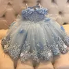 Lichte hemelsblauwe parels meisjes optocht jurken Appliqued kralen bloemenmeisje jurk voor bruiloften kinderen lange prinses verjaardag baljurken
