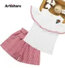 女の子の服は肩のシャツ格子縞のショートパンツ2pcsスーツの子供たちの夏の服を6 8 10 12 13 14年2108043386978