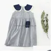 Kızlar Elbise Kız Elbise Yaz 2024 Çocuk Mavi Striped Pamuklu Tatlı Dantel Yakası Kollu Etek 110-160cm Çocuklar Damla Teslimat Bab Dhyt1
