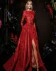 Gorgeous Red Formal Evening Dresses ALine Long Sleeve Lace Appliques Red Carpet Dress Charming Dubai Sash Side Slit 2018 Prom Dre8107436