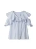 Women's Blouses Japanese V-neck Ruffles Plaid Blouse Shirts Off Shoulder Butterfly Sleeve Lady Tops 2024 Summer Elegant Solid Blusa De Mujer