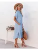 Solid Color Womens Casual Loose Denim Short Sleeved Long Slit Shirt Dress with Shoulder Sleeves and Button Up 240408