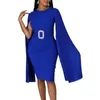 Ethnic Clothing Women Solid Slim Party Dress O Neck Pleated Cape Cloak Midi Length Bodycon Celebrate Occasion Wedding Guest Vestidos Large