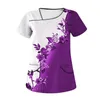 Women's T Shirts Casual Floral Print Short Sleeve Sloping Collar Workwear Top With Double Pockets Clothes For Women Tops Roupas Feminina
