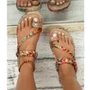 Sandals Women Boho Flat Summer Rhinestone Dress Shoes Comfort Open Toe Elastic Ankle Strap Roman Loafers For