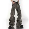 Noymei Male Y2K Wide Leg Jean Pleated Vintage Fashion Mens Micro Fleared Denim Pants High Street Byxor Stack Design WA3351 240320