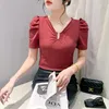 Women's T Shirts Elegant Women Puff Sleeve V-neck Mesh T-Shirts Casual Shirt Vintage Korean Shiny Tees Summer Tops