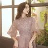 Party Dresses Glitter Pink Evening Puffy Short Sleeve Elegant A-Line golvlängd Crystal Sequined Lace Tulle Women Engagement