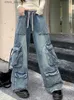 Женские джинсы 2023 Spodnie Y2K Мода вымытая голубая шнурки Бершковые джинсы брюки для женской одежды Прямая широкая нога Леди Б штата Y240408