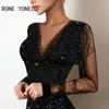 Lässige Kleider Frauen elegante schicke Mesh Patchwork Deep v Hals Langarm Glitzer Mini Party Sexy Bodycon Schwarz