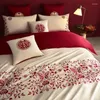 Bedding Sets 1000TC Long Staple Cotton Chic Embroidery Happiness Wedding Set Reversible Red Gold Duvet Cover Bed Sheet Pillowcases