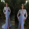 Designer Women Evening Dresses High Neck Long Sleeves Prom Gowns Sequins Front Split Sweep Train Dress For Party Custom Made Robe De Soiree