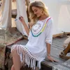 Cover Up With Fringe Trim Women Sexy Hollow Tunic Beach Dress Summer Bathing Suit Beachwear