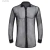 Casual shirts voor heren Iinim Mens mode zie door mesh lange mouwen clubkleding flip kraag club avondjurk widlook shirt yq240408