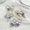 Dangle Earrings White And Blue Ceramic Flower Beads Link Pearl Drop For Women Classic Gold Plated Circle Ear Ring Female Jewelry Gift