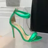 Salto de salto de salto de salto de 10,5 cm Sandálias Sapatos de vestido Sapatos para mulheres Sandálias de designer de luxo de verão verde Metallic Leature Leafeto de pegador traseiro calçado de zíper traseiro